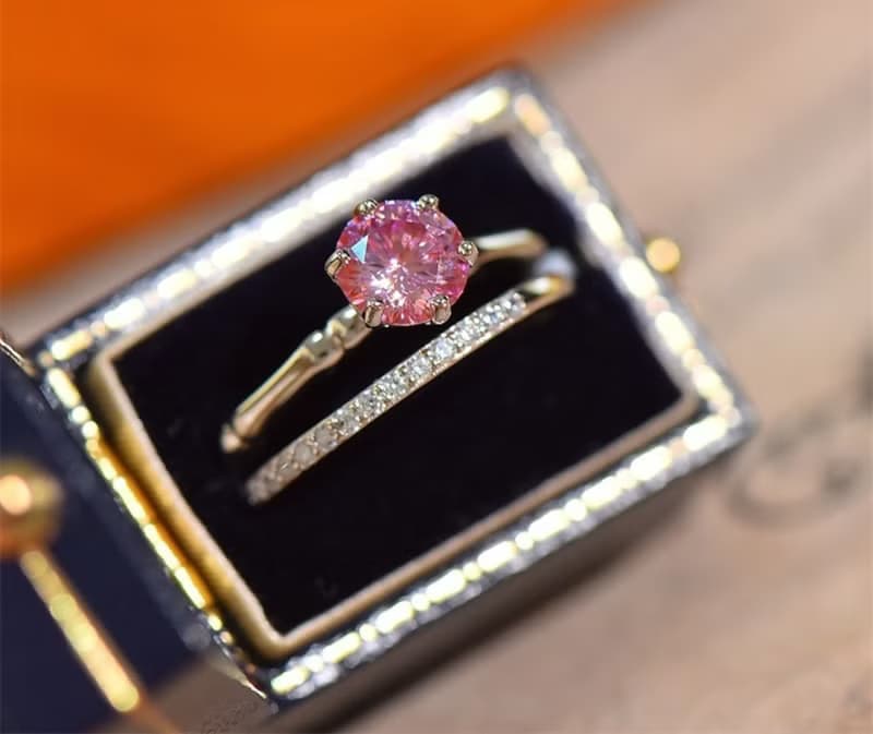 Pink Moissanite Ring and Wedding Band Set, 1 Ct Moissanite Ring