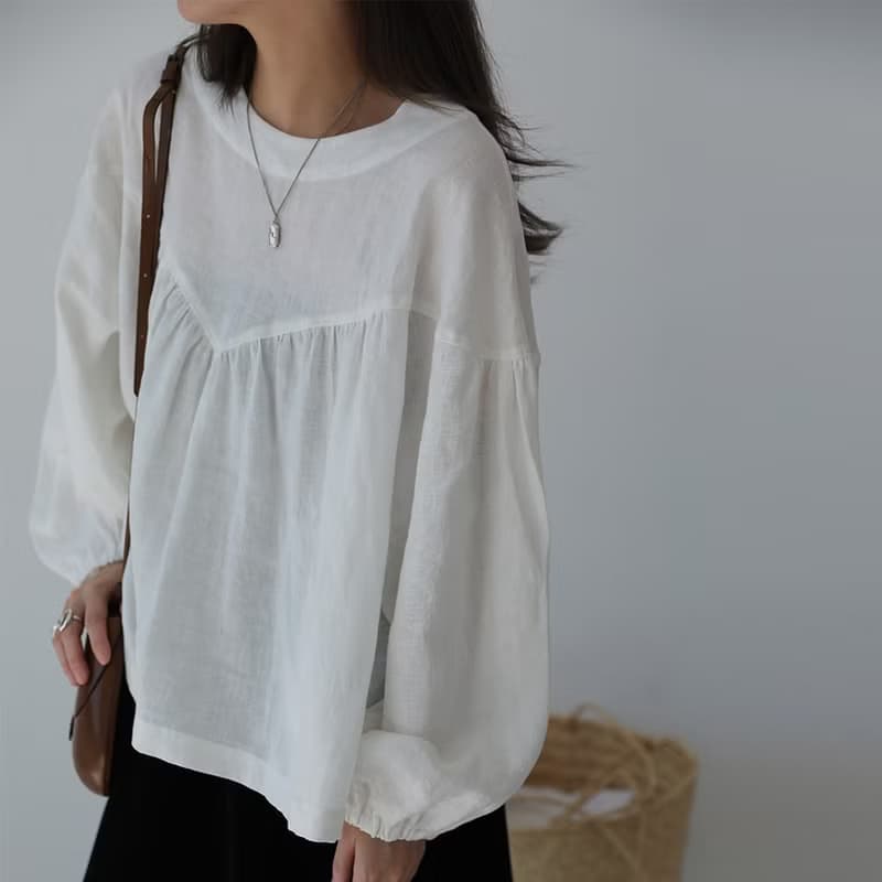 法國產亞麻 復古花苞襯衣  黑白 I Amish Style Top