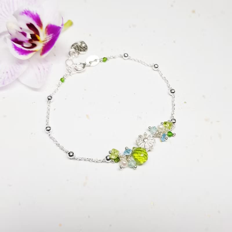 優雅小妞系列~橄欖石 - 托帕石純銀手鍊  Peridot  Topaz 免費【