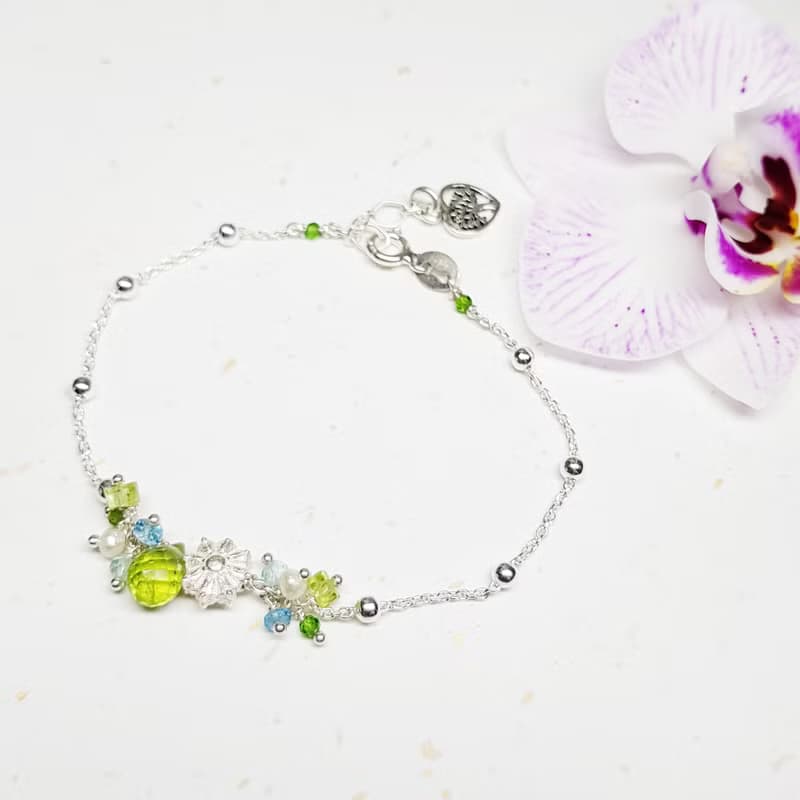 優雅小妞系列~橄欖石 - 托帕石純銀手鍊  Peridot  Topaz 免費【