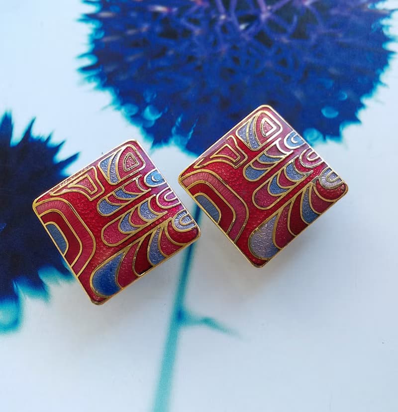 【西洋古董飾品 】景泰藍 紅色調 幾何普普藝術 夾式耳環