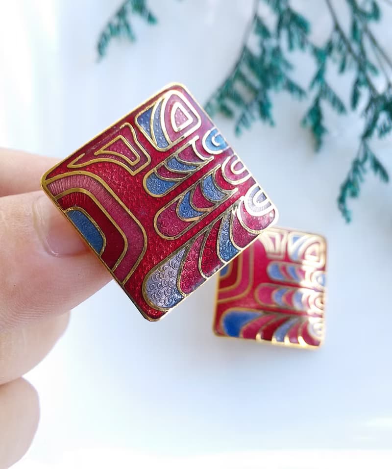 【西洋古董飾品 】景泰藍 紅色調 幾何普普藝術 夾式耳環