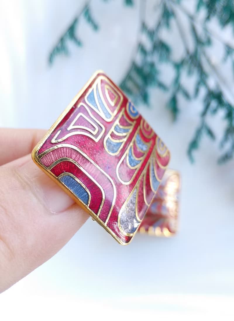 【西洋古董飾品 】景泰藍 紅色調 幾何普普藝術 夾式耳環