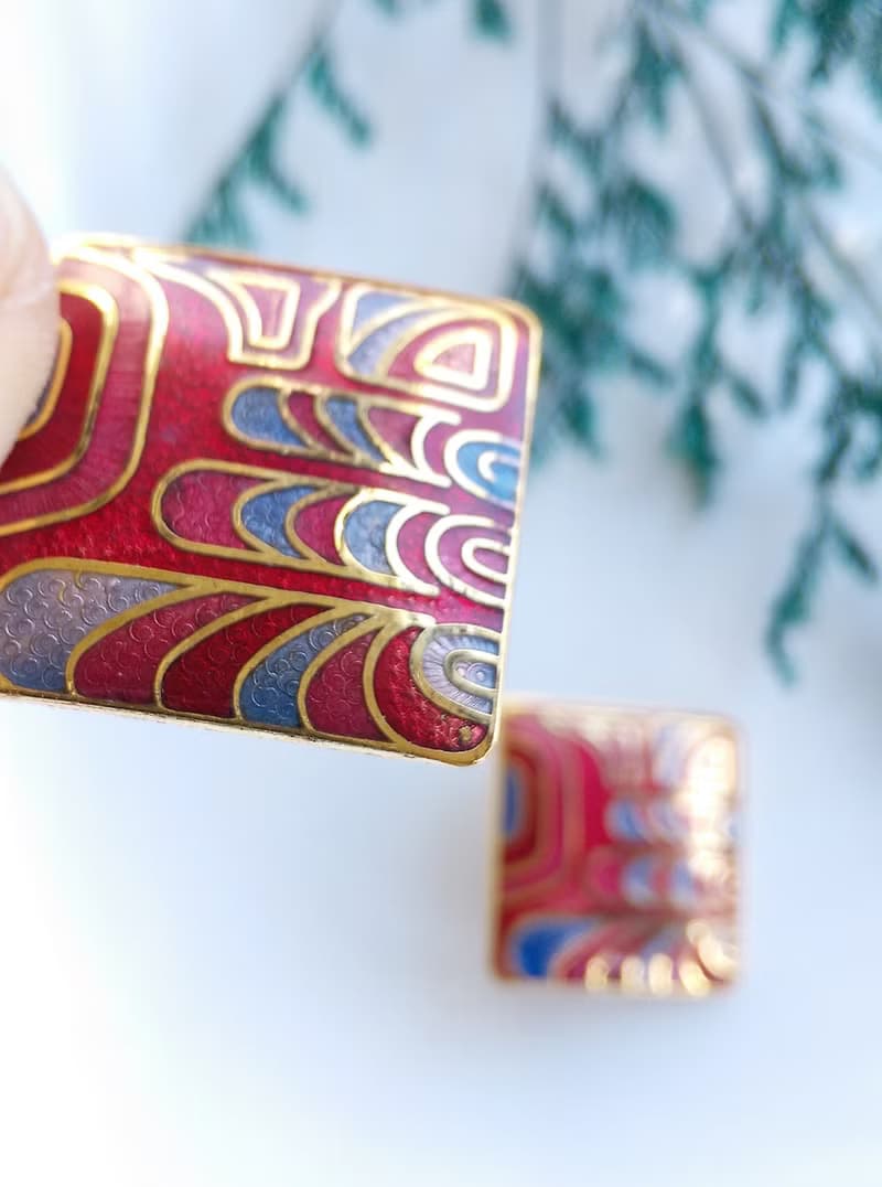 【西洋古董飾品 】景泰藍 紅色調 幾何普普藝術 夾式耳環