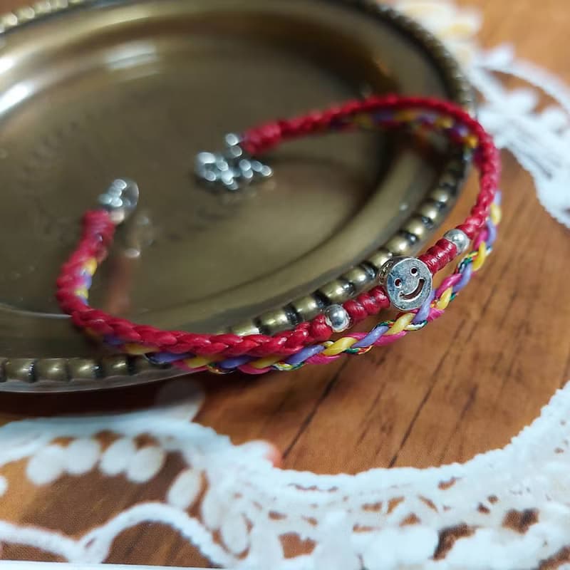 純銀平安編織手鍊 蠟線  祈福 925純銀 五色線 /微笑手環