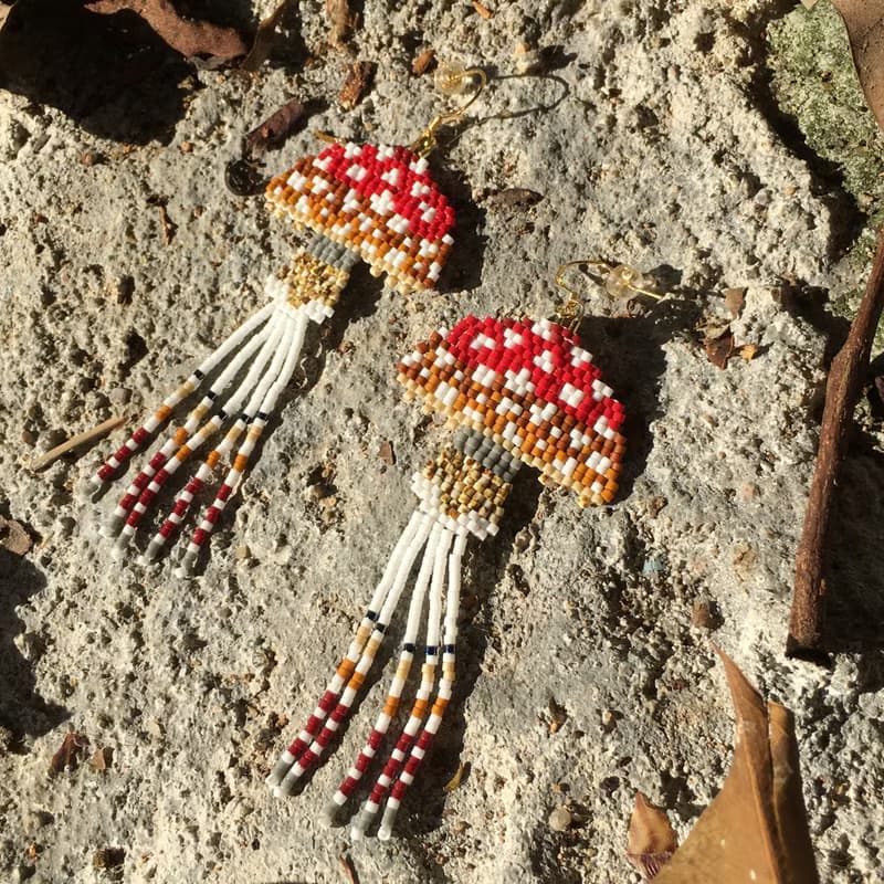 【Lost and find】全手工編珠 長流蘇 蘑菇 耳環