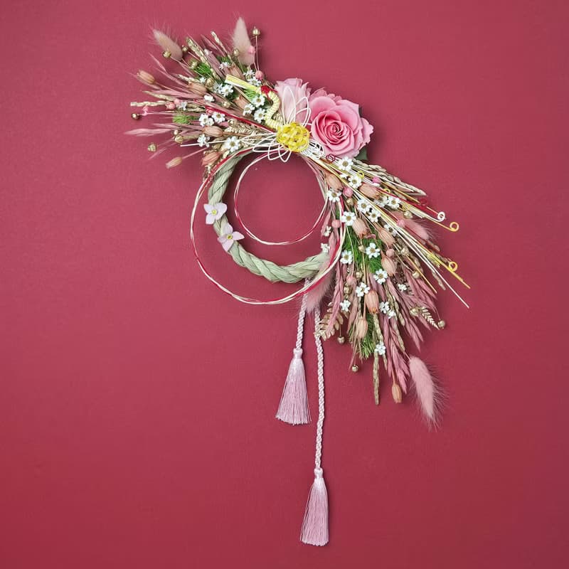 永生玫瑰花日式祈福注連繩-粉金色系