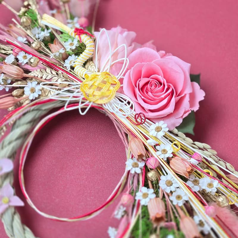 永生玫瑰花日式祈福注連繩-粉金色系