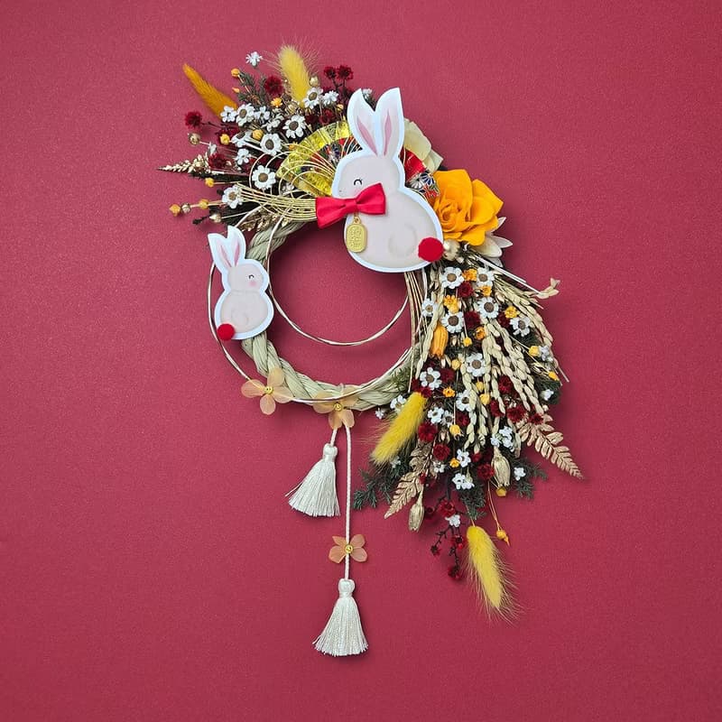 永生玫瑰花日式祈福注連繩-粉金色系