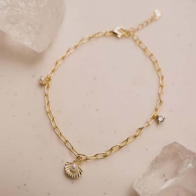 美人魚回形針吊飾手鍊 925銀 14K金 珍珠手鍊 海藍寶手鍊