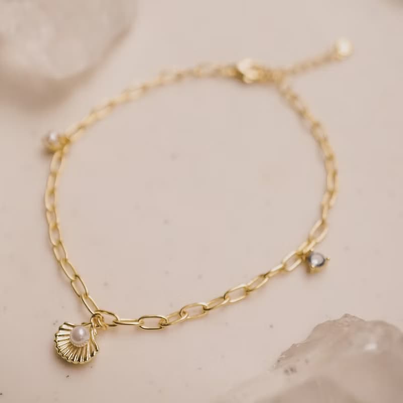 美人魚回形針吊飾手鍊 925銀 14K金 珍珠手鍊 海藍寶手鍊