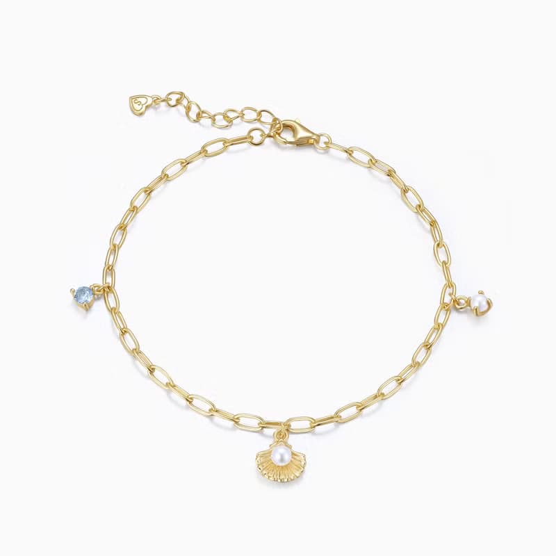 美人魚回形針吊飾手鍊 925銀 14K金 珍珠手鍊 海藍寶手鍊