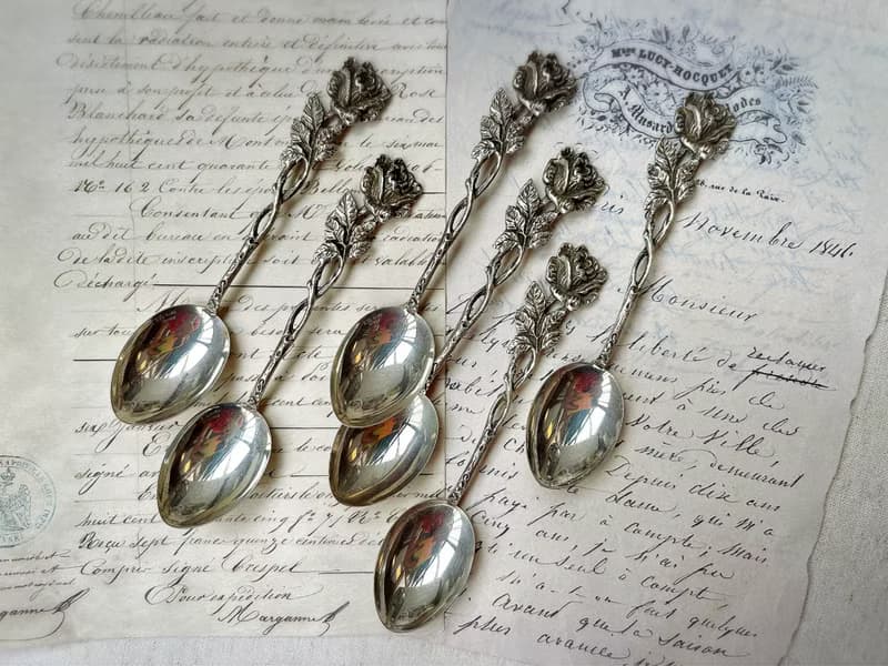 德國Vintage 浮雕玫瑰鏤空830純銀咖啡匙盒裝6件組