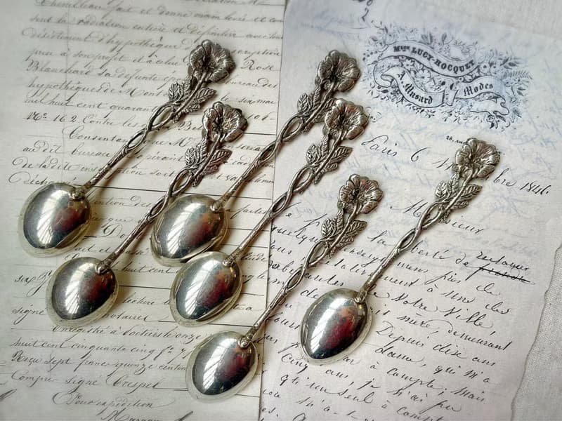 德國Vintage 浮雕玫瑰鏤空830純銀咖啡匙盒裝6件組