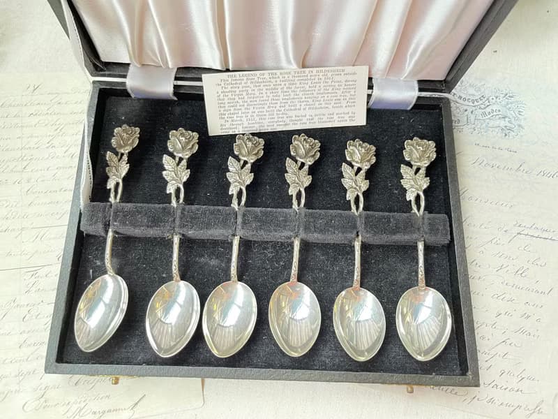 德國Vintage 浮雕玫瑰鏤空830純銀咖啡匙盒裝6件組