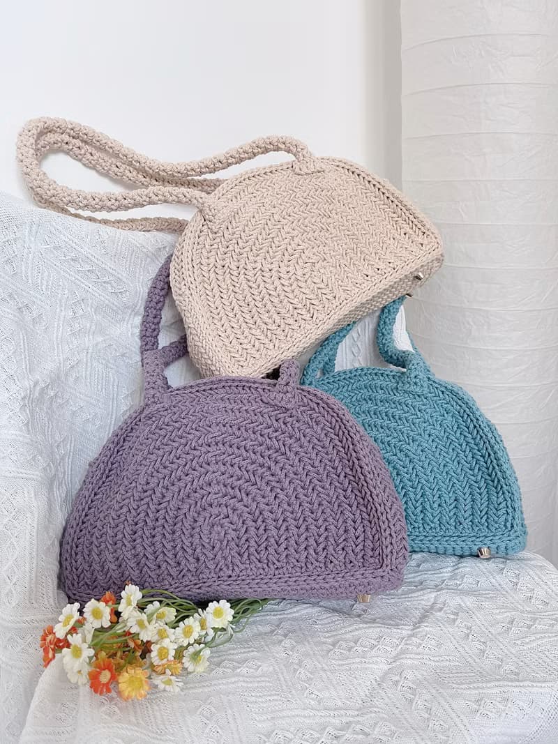 手工鉤織Spina長帶半圓單肩包手袋米杏色針織鈎織編織手作袋