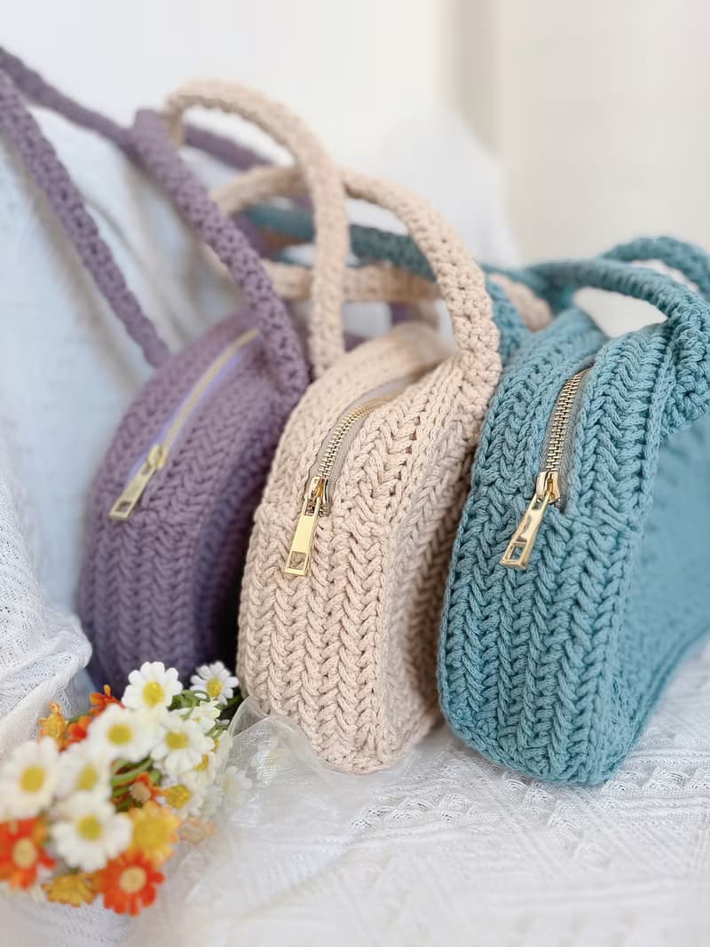 手工鉤織Spina長帶半圓單肩包手袋米杏色針織鈎織編織手作袋