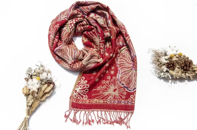 喀什米爾Cashmere/水煮羊毛披肩/針織圍巾/刺繡圍巾/羊絨披巾-花