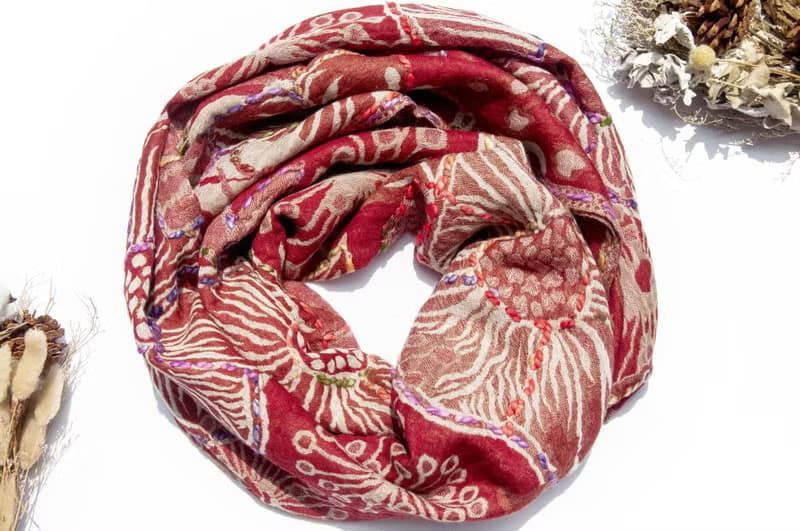 喀什米爾Cashmere/水煮羊毛披肩/針織圍巾/刺繡圍巾/羊絨披巾-花