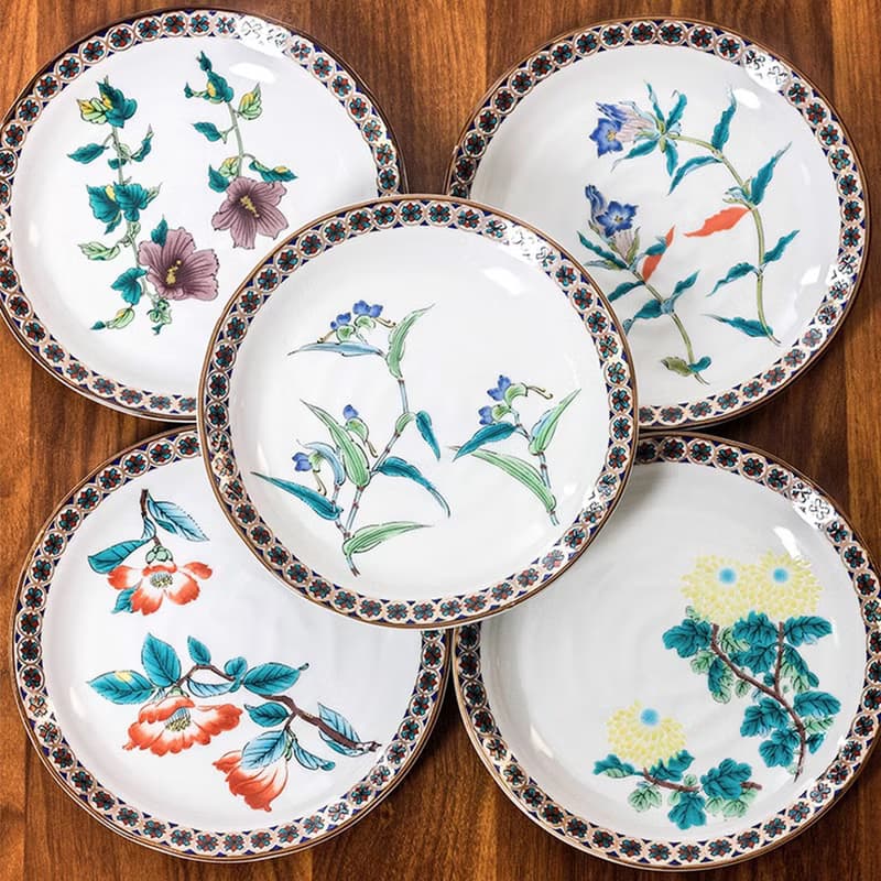 日本進口九谷燒金襕五草花陶瓷餐具平盤菜盤湯盤家用圓形碟甜品盤