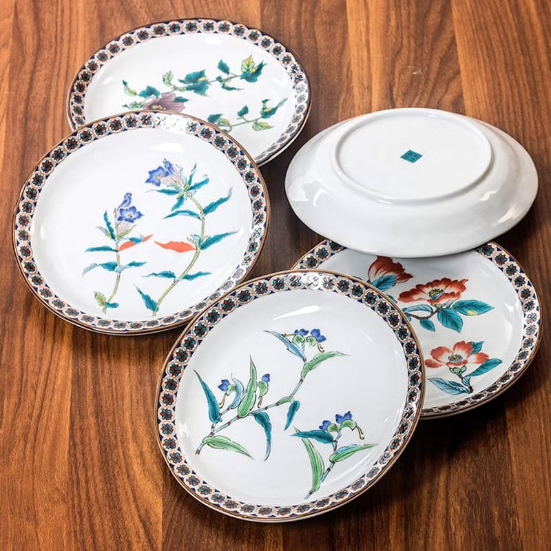 日本進口九谷燒金襕五草花陶瓷餐具平盤菜盤湯盤家用圓形碟甜品盤