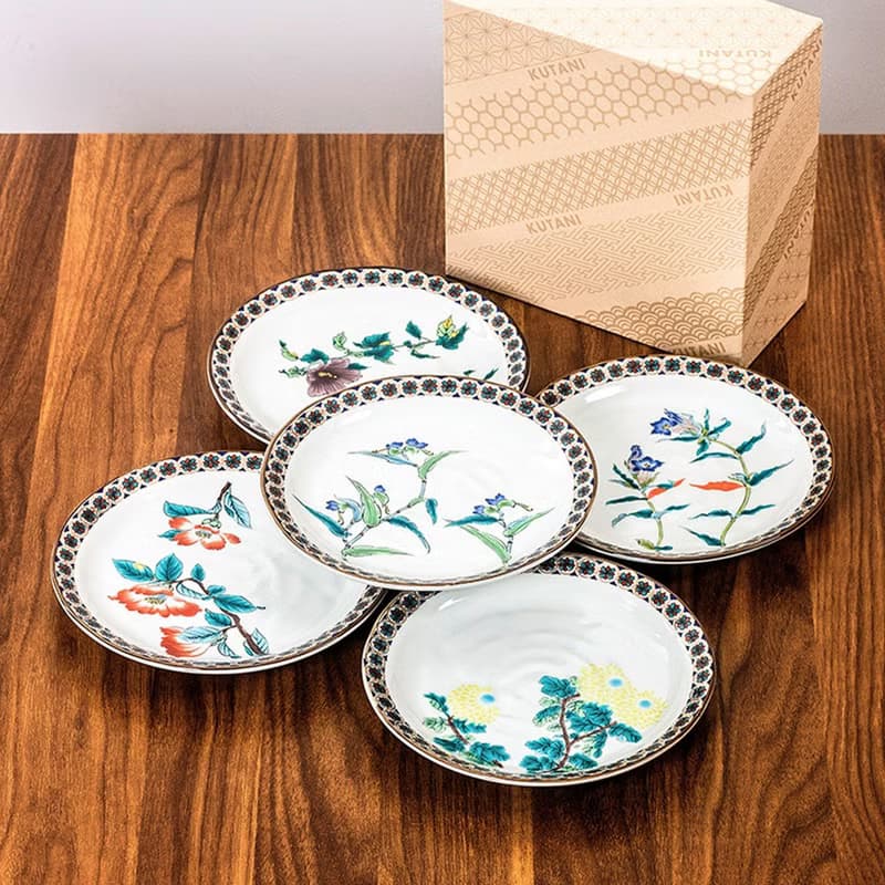 日本進口九谷燒金襕五草花陶瓷餐具平盤菜盤湯盤家用圓形碟甜品盤