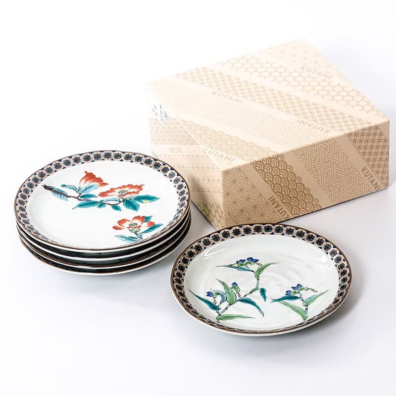 日本進口九谷燒金襕五草花陶瓷餐具平盤菜盤湯盤家用圓形碟甜品盤