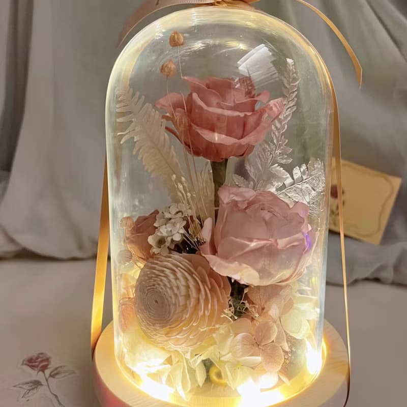 玫語花香魔法盅-永生花 乾燥花 玻璃盅小夜燈