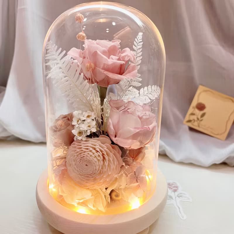 玫語花香魔法盅-永生花 乾燥花 玻璃盅小夜燈