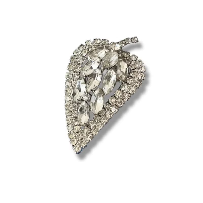 Vintage Crystal Leaf Brooch unsigned 1960s USA clear old crystals pin gift idea