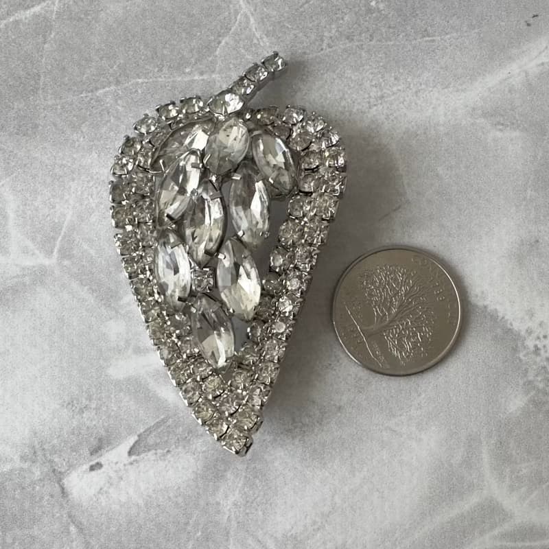 Vintage Crystal Leaf Brooch unsigned 1960s USA clear old crystals pin gift idea