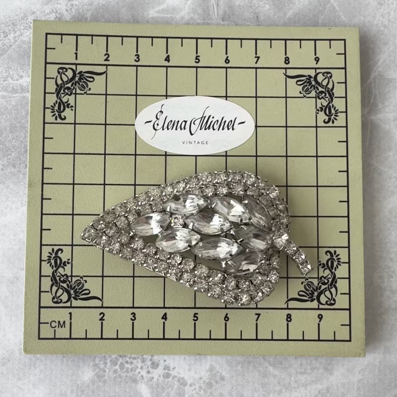 Vintage Crystal Leaf Brooch unsigned 1960s USA clear old crystals pin gift idea