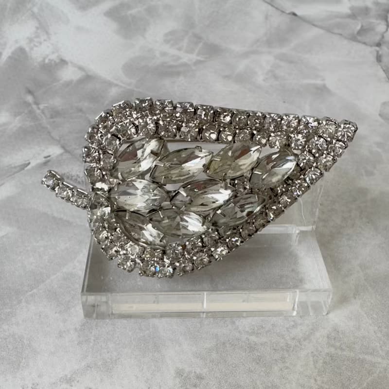 Vintage Crystal Leaf Brooch unsigned 1960s USA clear old crystals pin gift idea