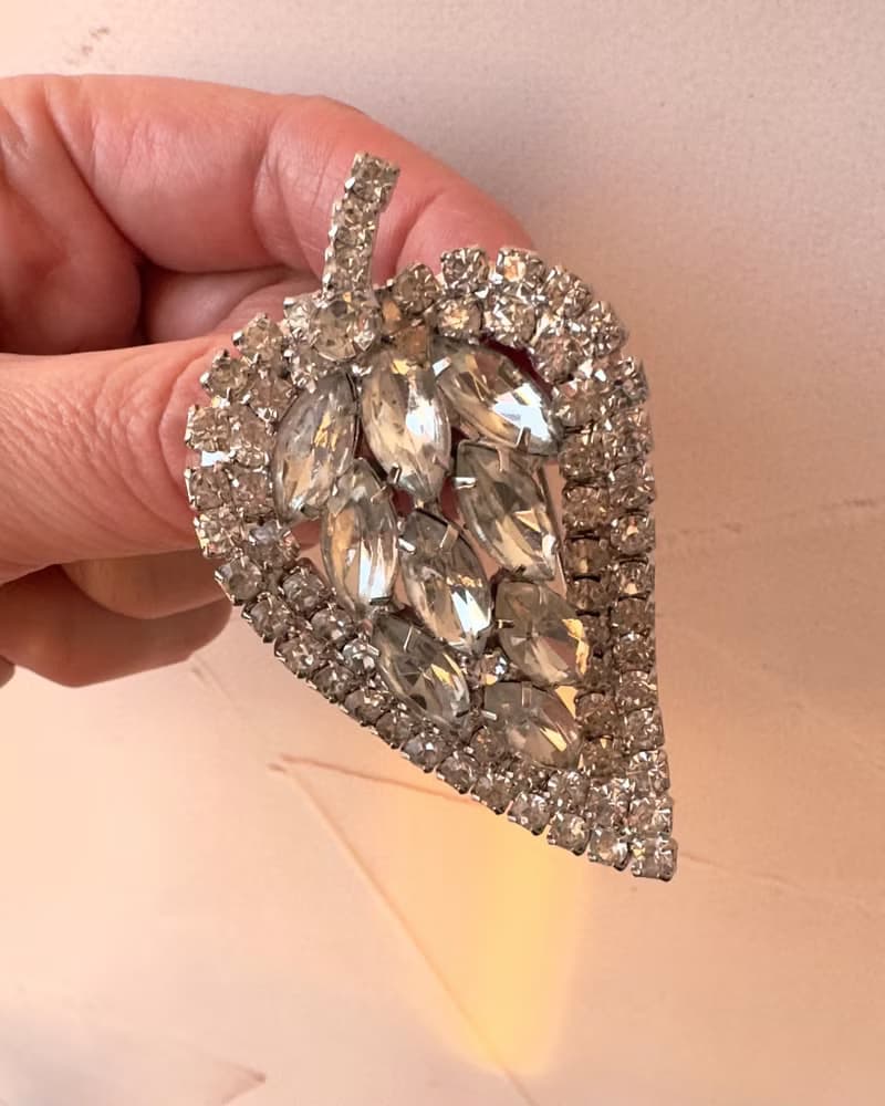 Vintage Crystal Leaf Brooch unsigned 1960s USA clear old crystals pin gift idea