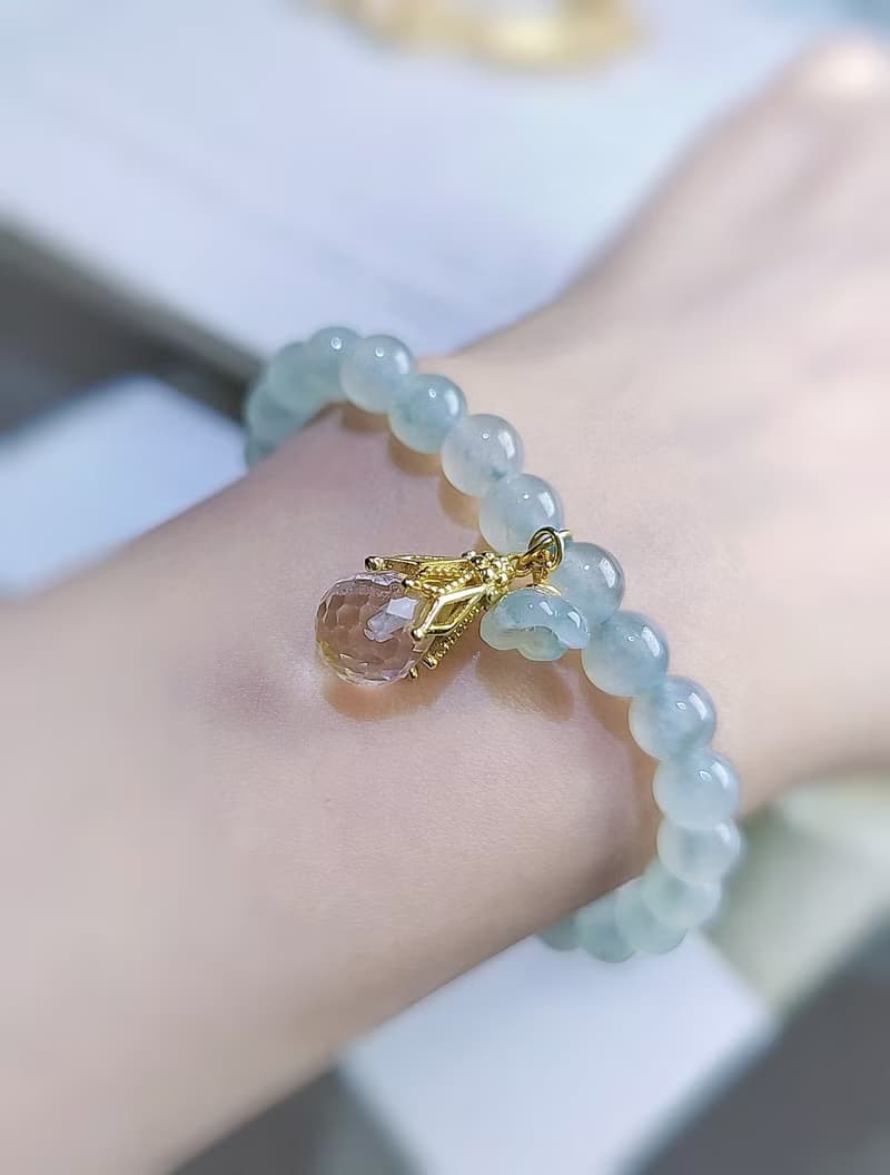 招財•仙氣|高冰透繩藍飄花珠•桂花|緬甸A貨翡翠純銀設計款手串