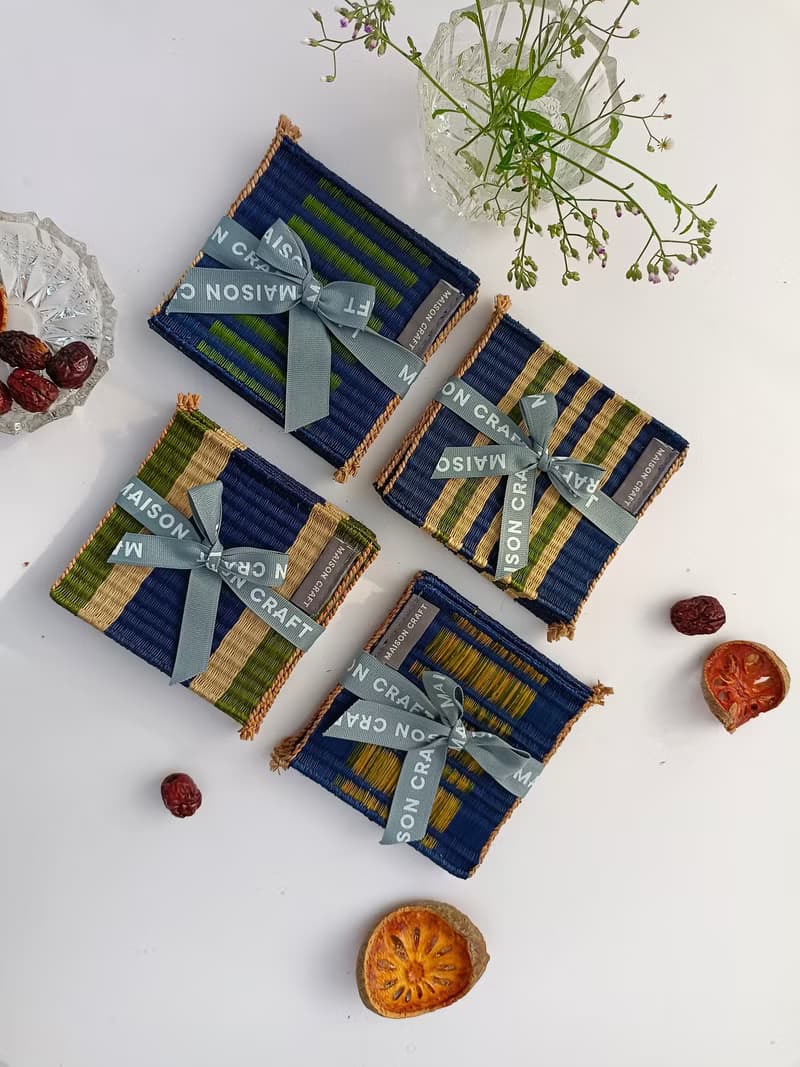 Set 8 Blue Green glass coaster Housewarming Gifts, hot pot natural woven trivet