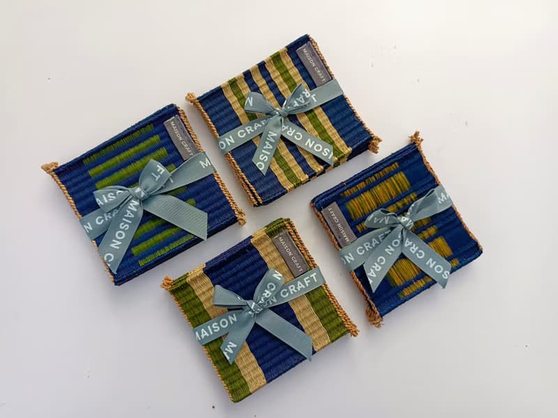 Set 8 Blue Green glass coaster Housewarming Gifts, hot pot natural woven trivet