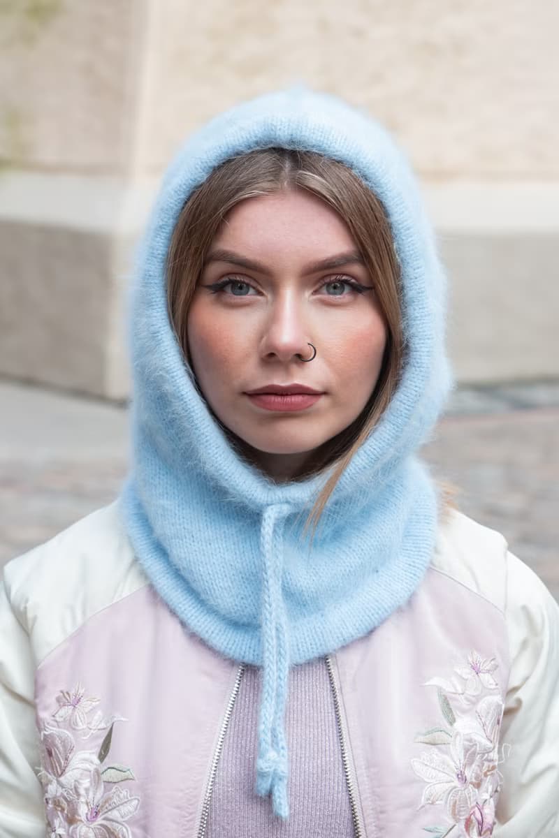 Angora knitted blue hood