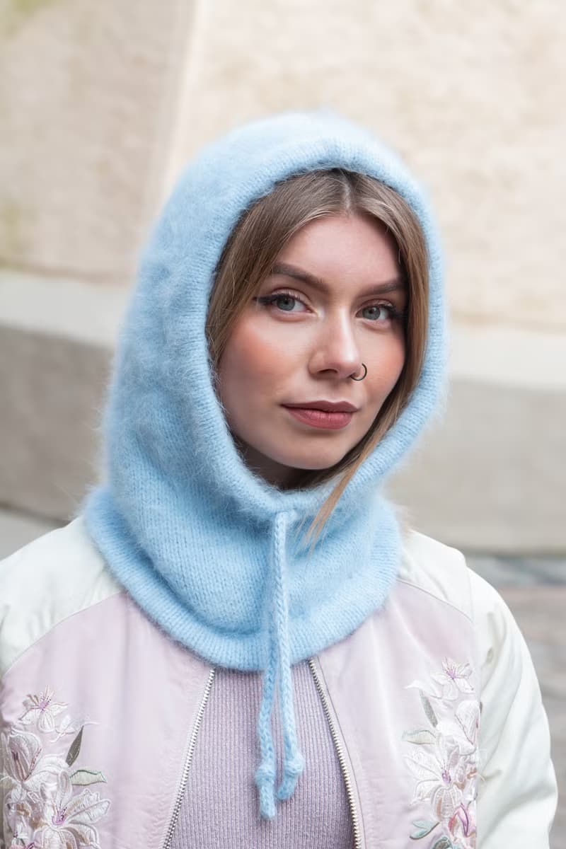 Angora knitted blue hood