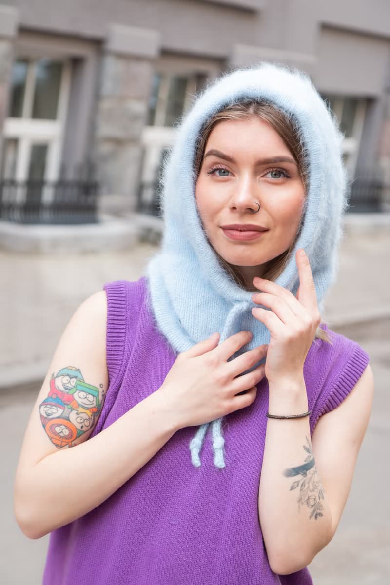 Angora knitted blue hood