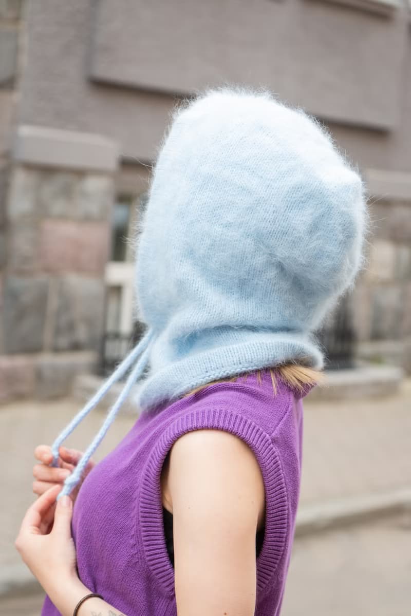 Angora knitted blue hood