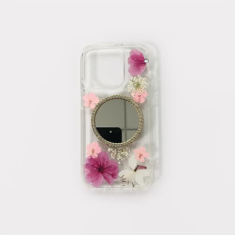 天然粉白系押花鏡子手機殼 適用於iPhone 16 Samsung S25 Google
