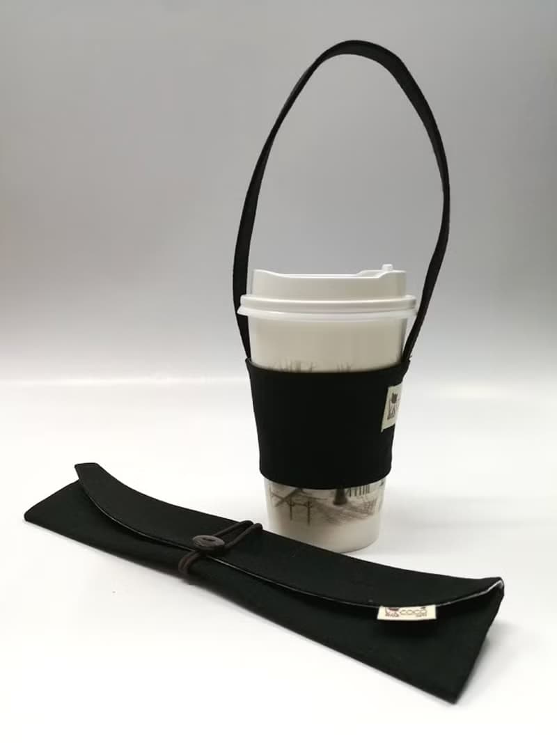 環保筷袋杯套組~手提式飲料杯套 餐具組收納袋 筷套(黑色)F08-010
