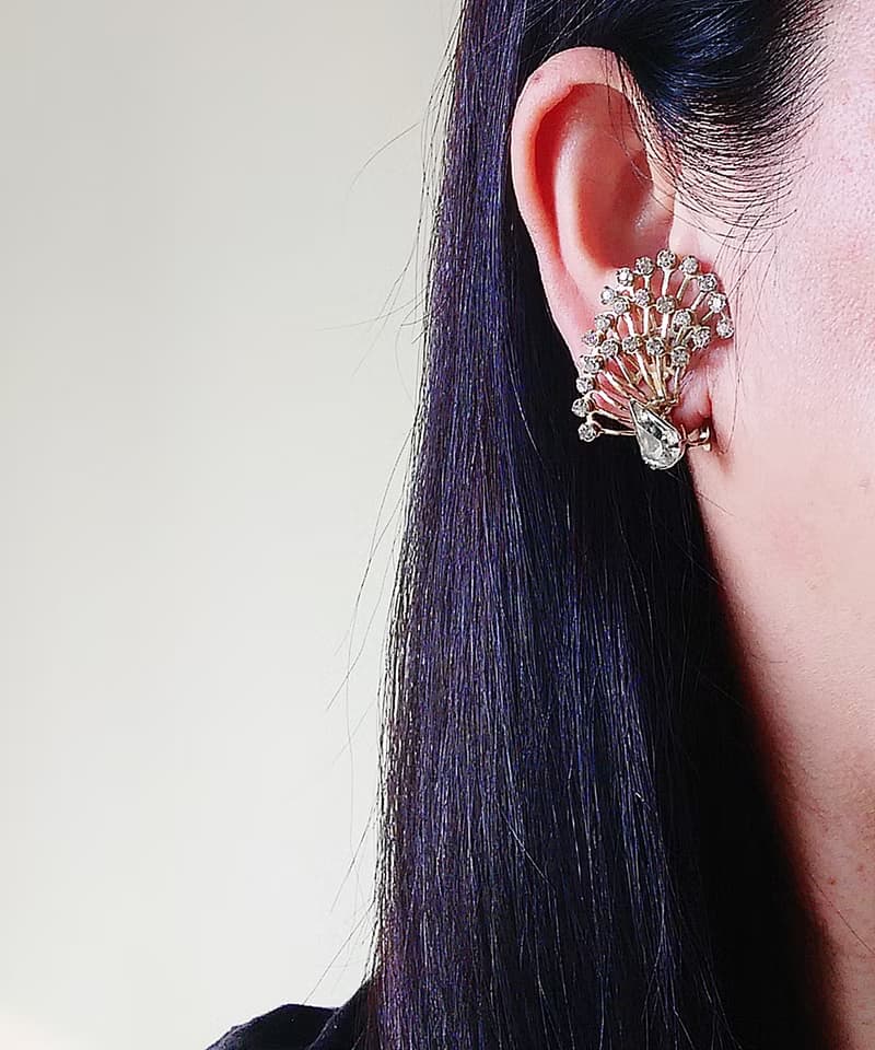 vintage jewelry 奢華氣質開屏萊茵 夾式耳環