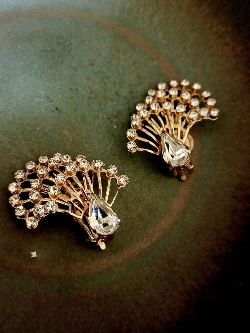 vintage jewelry 奢華氣質開屏萊茵 夾式耳環