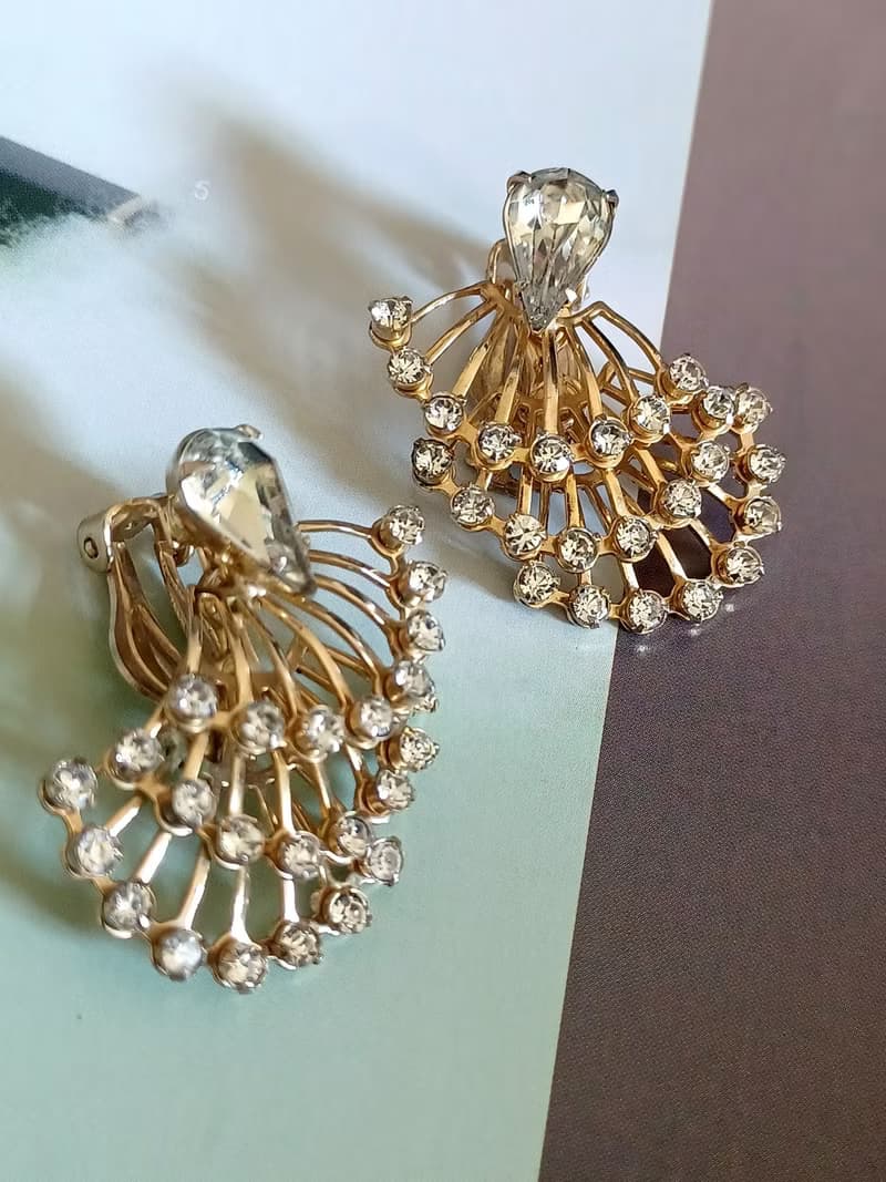 vintage jewelry 奢華氣質開屏萊茵 夾式耳環