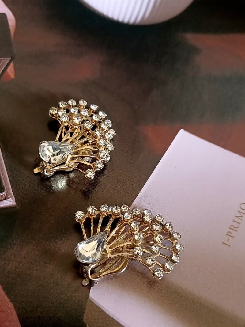 vintage jewelry 奢華氣質開屏萊茵 夾式耳環