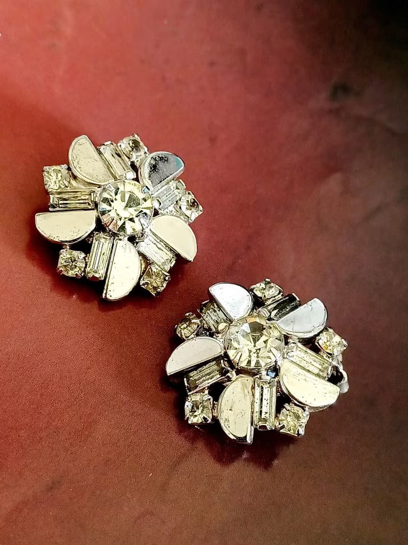 vintage jewelry 典雅鏡面透明萊茵花卉  夾式耳環