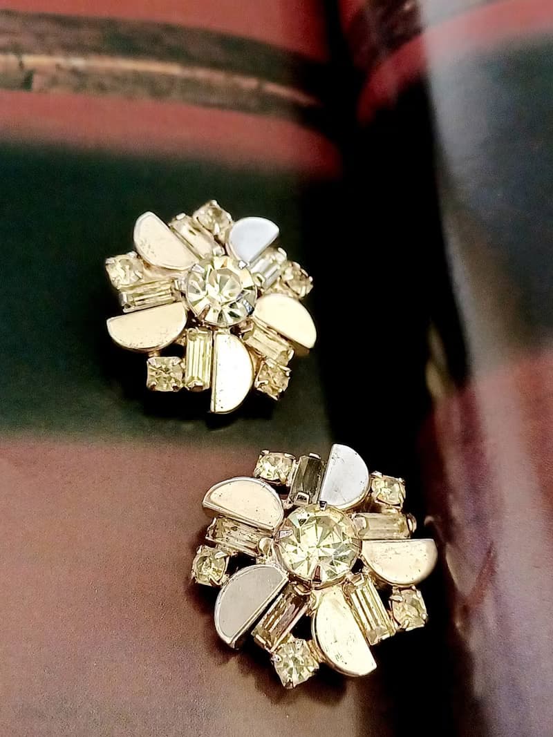vintage jewelry 典雅鏡面透明萊茵花卉  夾式耳環