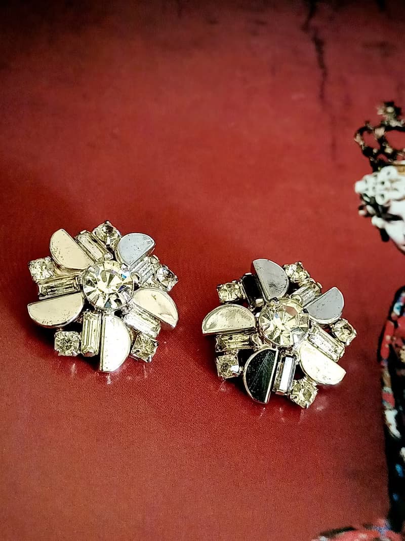 vintage jewelry 典雅鏡面透明萊茵花卉  夾式耳環